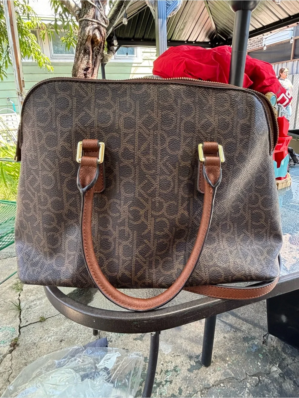 Calvin Klein Brown Monogram Satchel with Crossbody Strap
